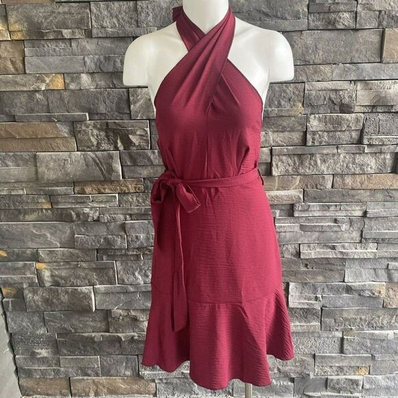 Shein Red Dress Wrap Halter‎ Neck Tie Waist XS - Picture 1 of 4